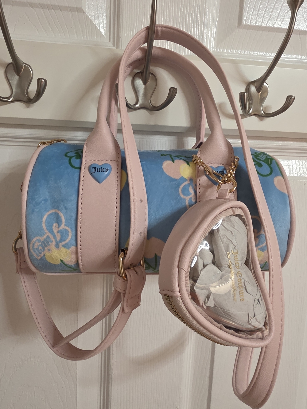 Juicy Couture Blue Floral Barrel Bag with Pink Trim and Heart Coin Pouch